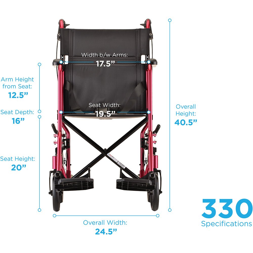 Nova 20" Lightweight Folding Transport Chair with 12" Rear Wheels & Hand Brakes - American Homecare Direct