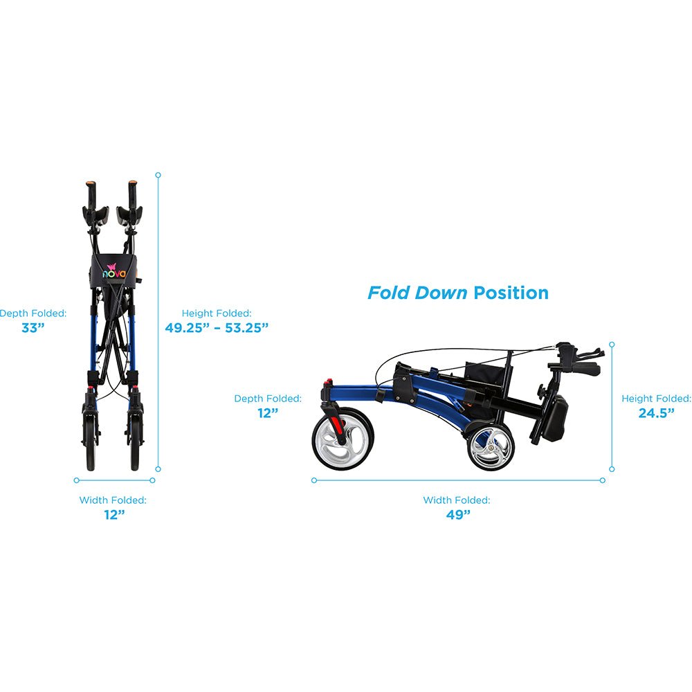 Nova Dragon Fold n’ Go Rise UP Rollator, Upright Standing Walker with Padded & Contoured Forearm Platform, Stand Up Walker with 10” Front Wheels - American Homecare Direct
