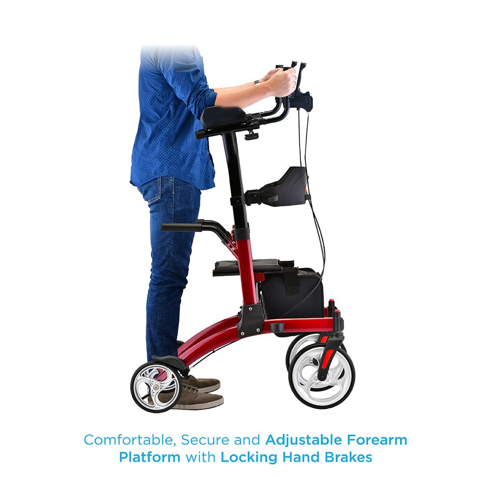 Nova Dragon Fold n’ Go Rise UP Rollator, Upright Standing Walker with Padded & Contoured Forearm Platform, Stand Up Walker with 10” Front Wheels - American Homecare Direct
