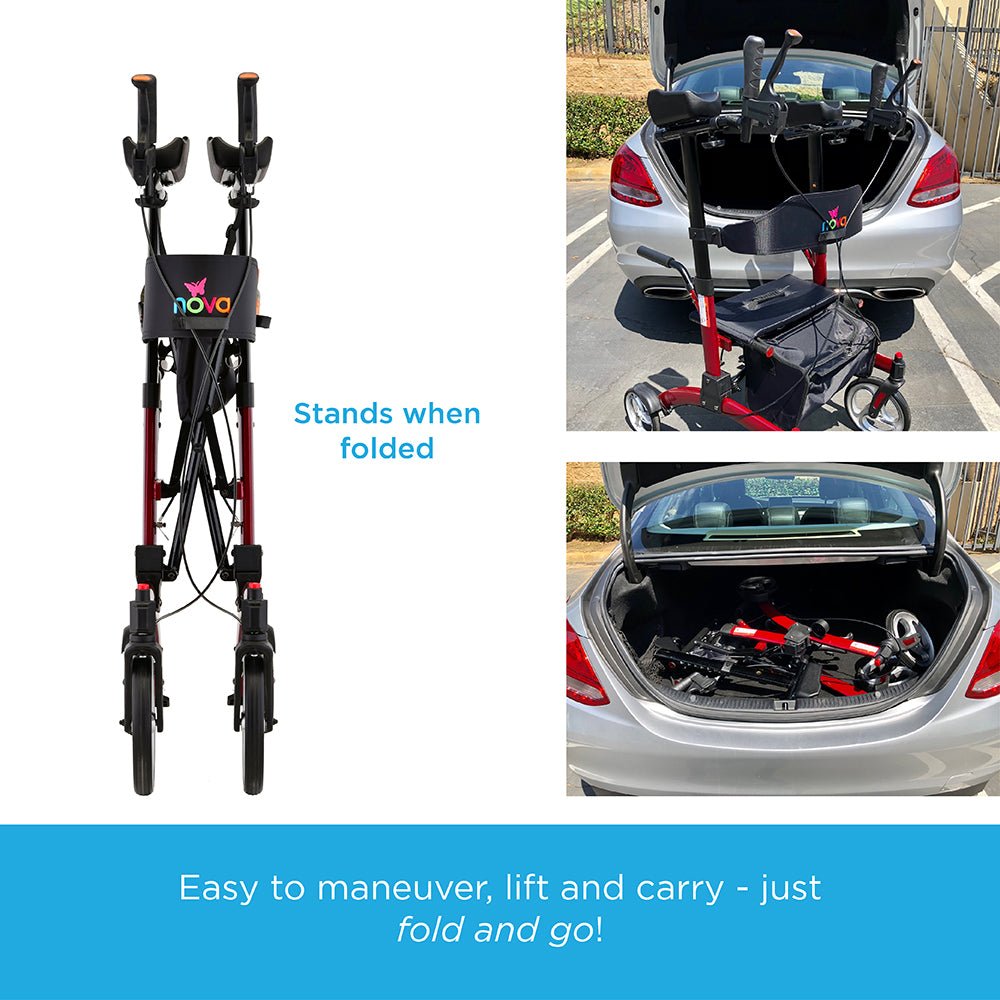 Nova Dragon Fold n’ Go Rise UP Rollator, Upright Standing Walker with Padded & Contoured Forearm Platform, Stand Up Walker with 10” Front Wheels - American Homecare Direct