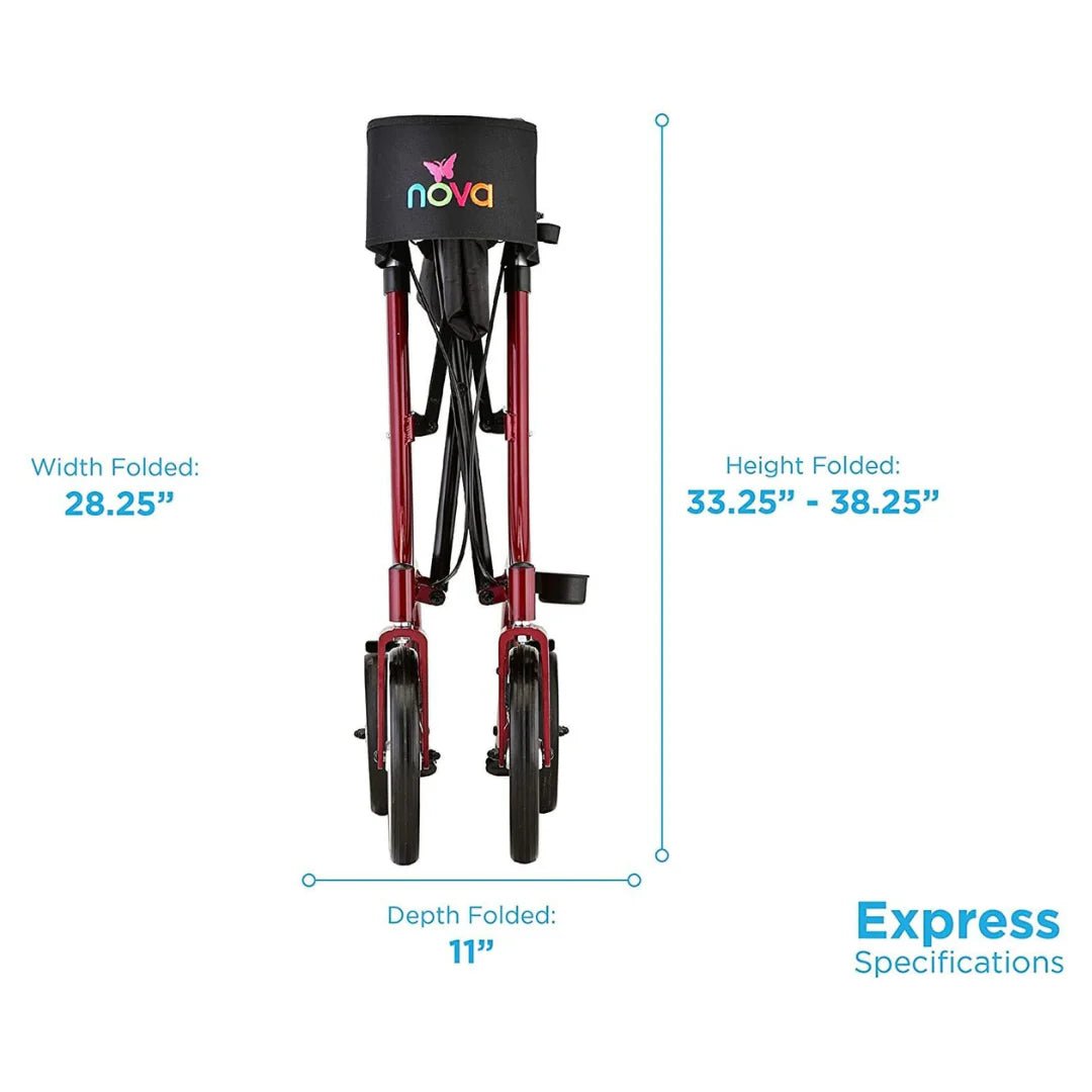 Nova Express Rollator Walker, Large 10” & 8” Wheels, Compact Foldable & Free Standing, Easy to Fold, Lift & Carry, Comes with Cane Holder - American Homecare Direct