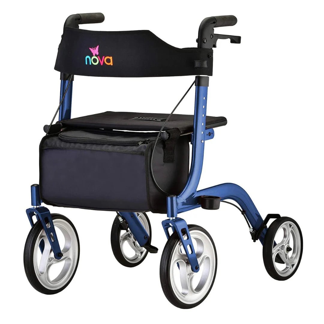 Nova Express Rollator Walker, Large 10” & 8” Wheels, Compact Foldable & Free Standing, Easy to Fold, Lift & Carry, Comes with Cane Holder - American Homecare Direct