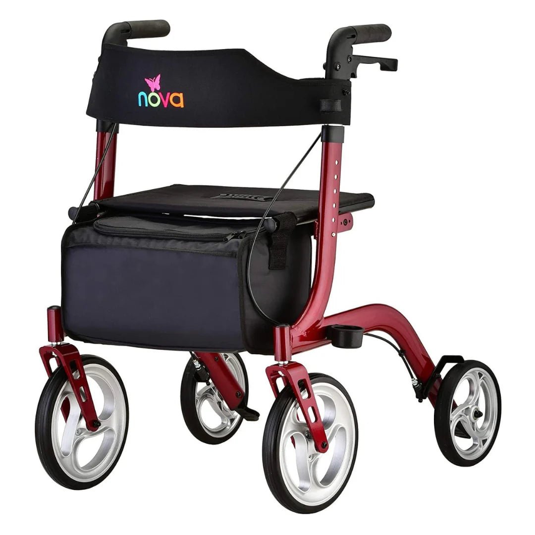 Nova Express Rollator Walker, Large 10” & 8” Wheels, Compact Foldable & Free Standing, Easy to Fold, Lift & Carry, Comes with Cane Holder - American Homecare Direct
