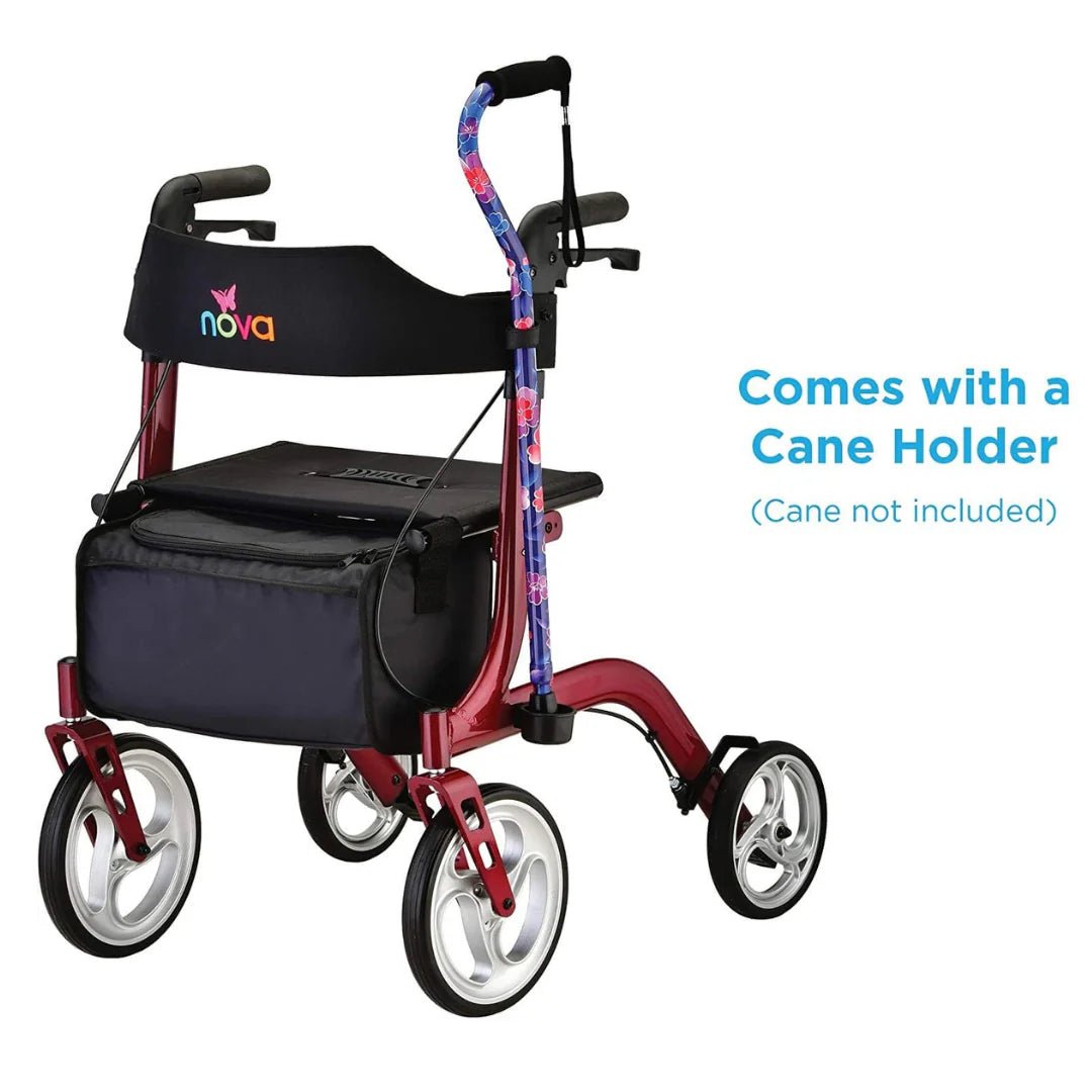 Nova Express Rollator Walker, Large 10” & 8” Wheels, Compact Foldable & Free Standing, Easy to Fold, Lift & Carry, Comes with Cane Holder - American Homecare Direct