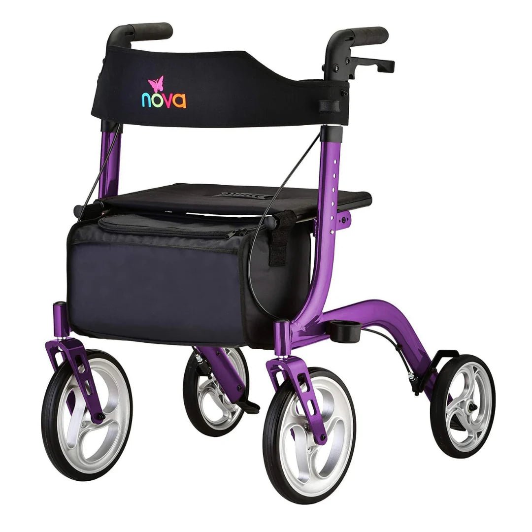 Nova Express Rollator Walker, Large 10” & 8” Wheels, Compact Foldable & Free Standing, Easy to Fold, Lift & Carry, Comes with Cane Holder - American Homecare Direct