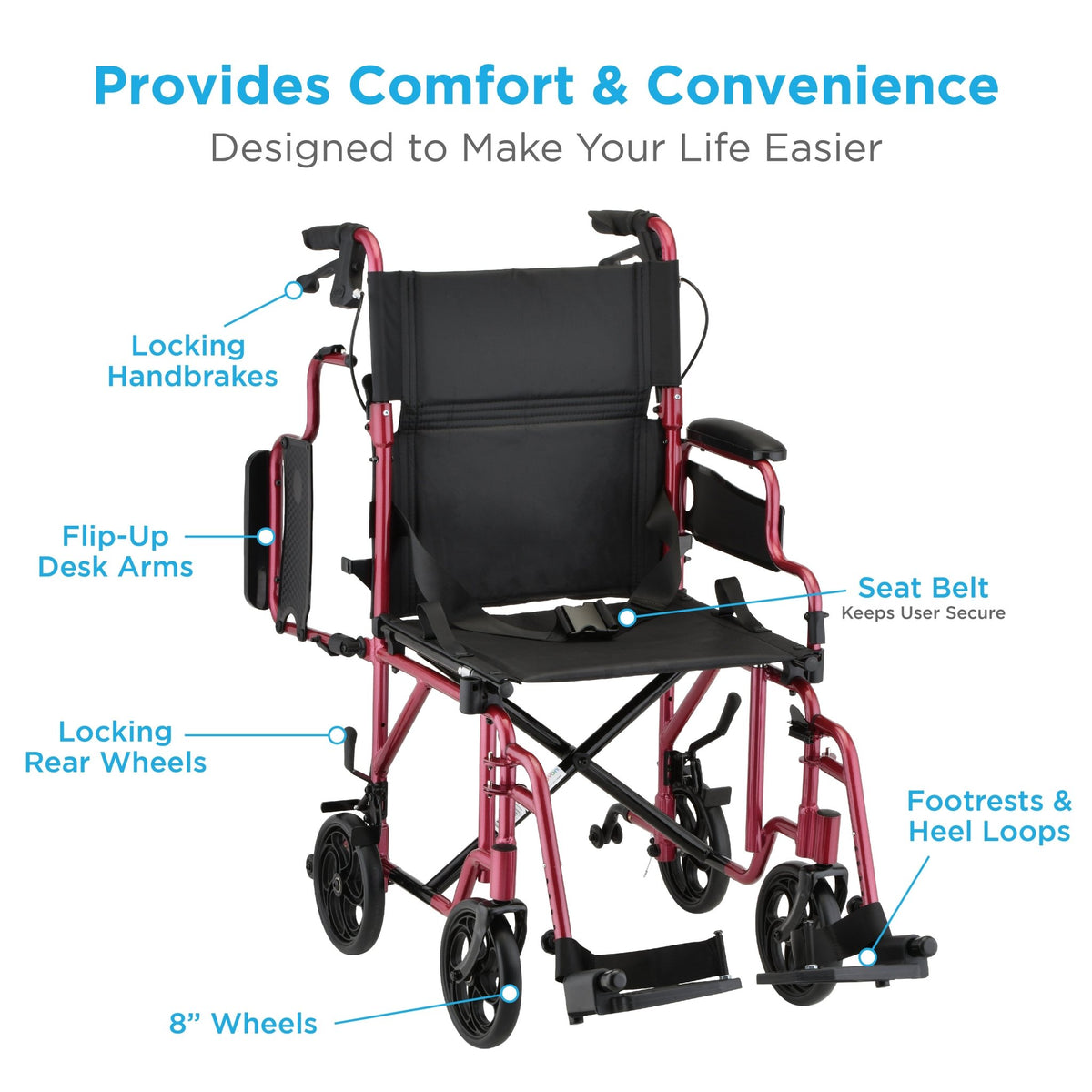 Nova Lightweight Transport Chair Flip Up Arms and Anti - Tippers - American Homecare Direct