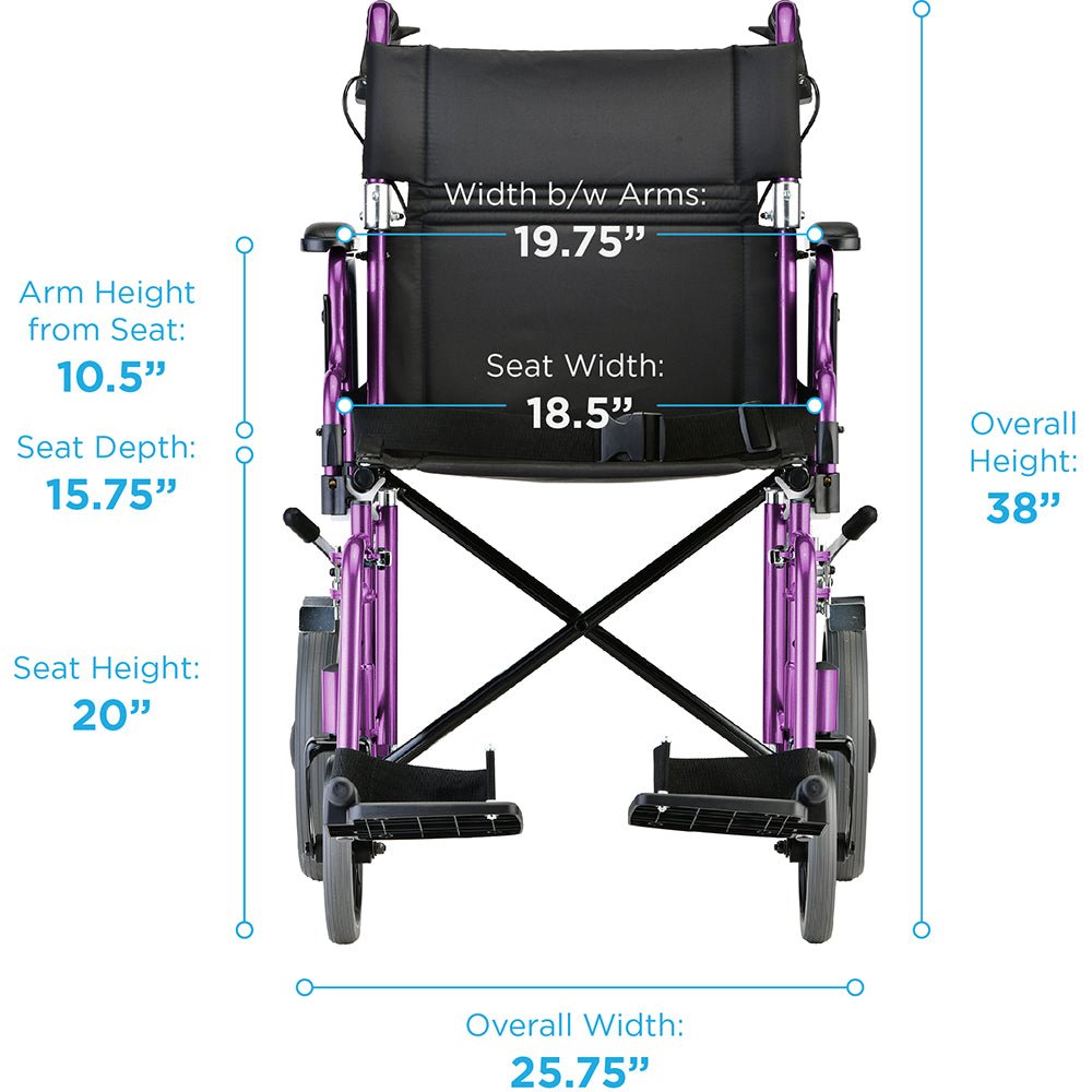 Nova Lightweight Transport Chair with Locking Hand Brakes, 12" Rear Wheels, Removable & Flip Up Arms for Easy Transfer, Anti - Tippers Included - American Homecare Direct