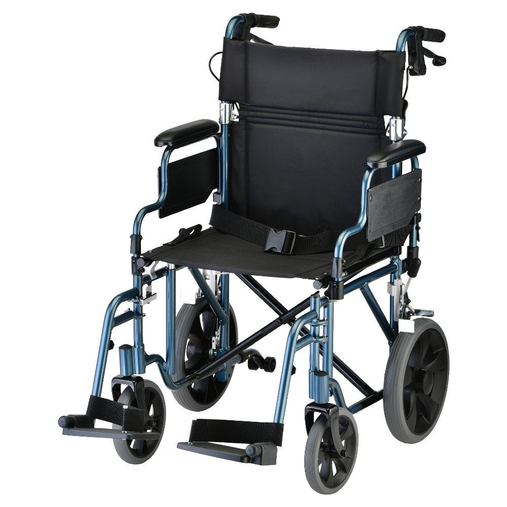 Nova Lightweight Transport Chair with Locking Hand Brakes, 12" Rear Wheels, Removable & Flip Up Arms for Easy Transfer, Anti - Tippers Included - American Homecare Direct