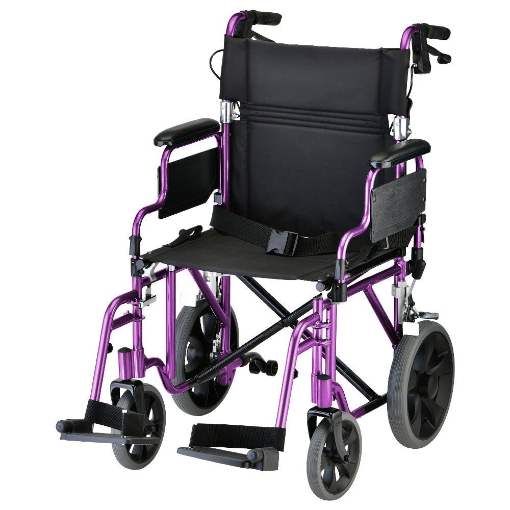 Nova Lightweight Transport Chair with Locking Hand Brakes, 12" Rear Wheels, Removable & Flip Up Arms for Easy Transfer, Anti - Tippers Included - American Homecare Direct