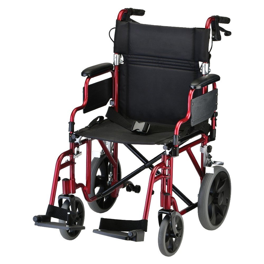 Nova Lightweight Transport Chair with Locking Hand Brakes, 12" Rear Wheels, Removable & Flip Up Arms for Easy Transfer, Anti - Tippers Included - American Homecare Direct