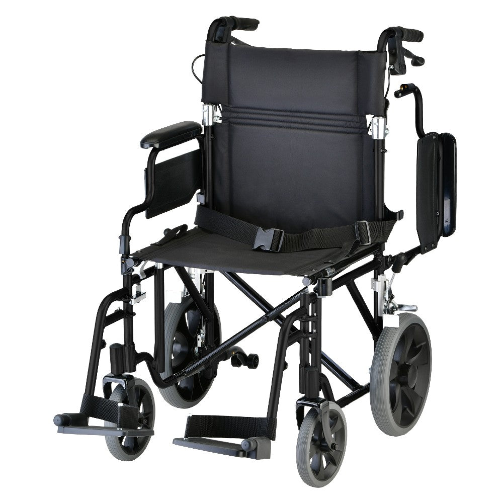 Nova Lightweight Transport Chair with Locking Hand Brakes, 12" Rear Wheels, Removable & Flip Up Arms for Easy Transfer, Anti - Tippers Included - American Homecare Direct