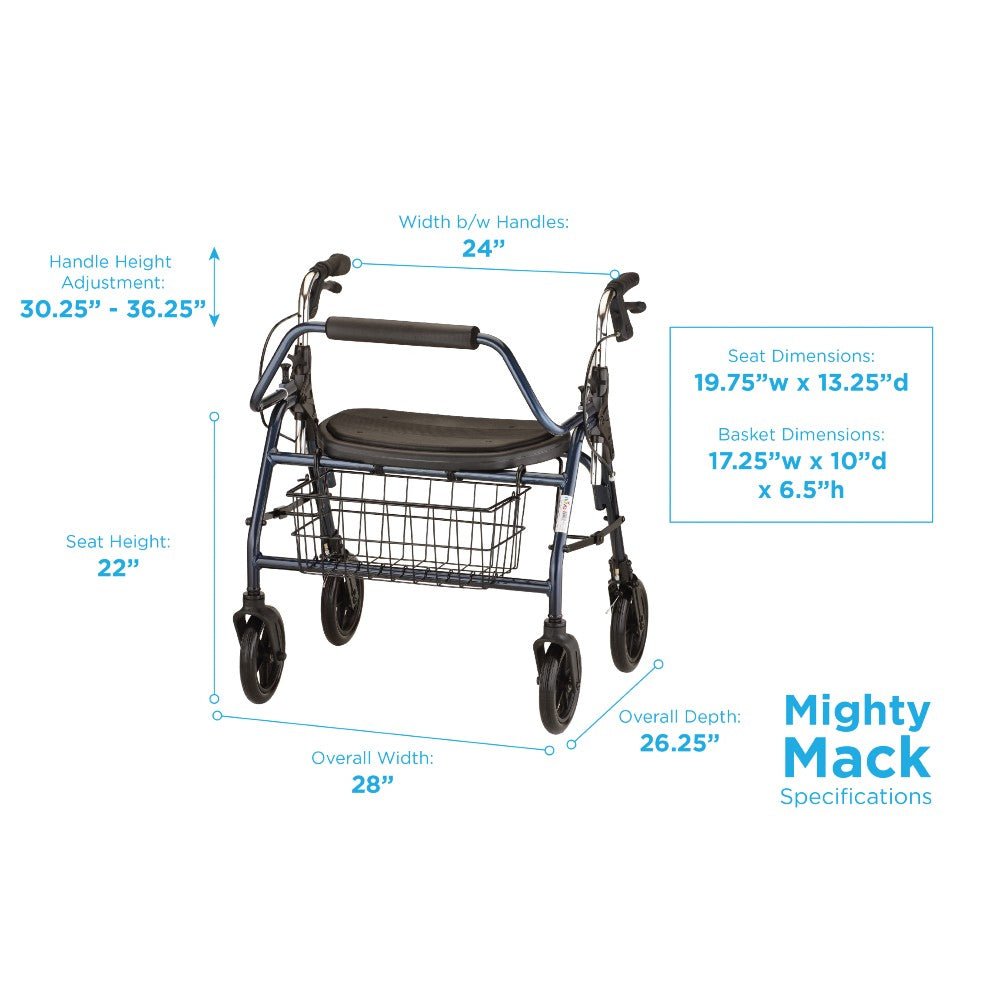 Nova Mighty Mack Heavy Duty Rollator Walker, 500 lb Weight Capacity - American Homecare Direct