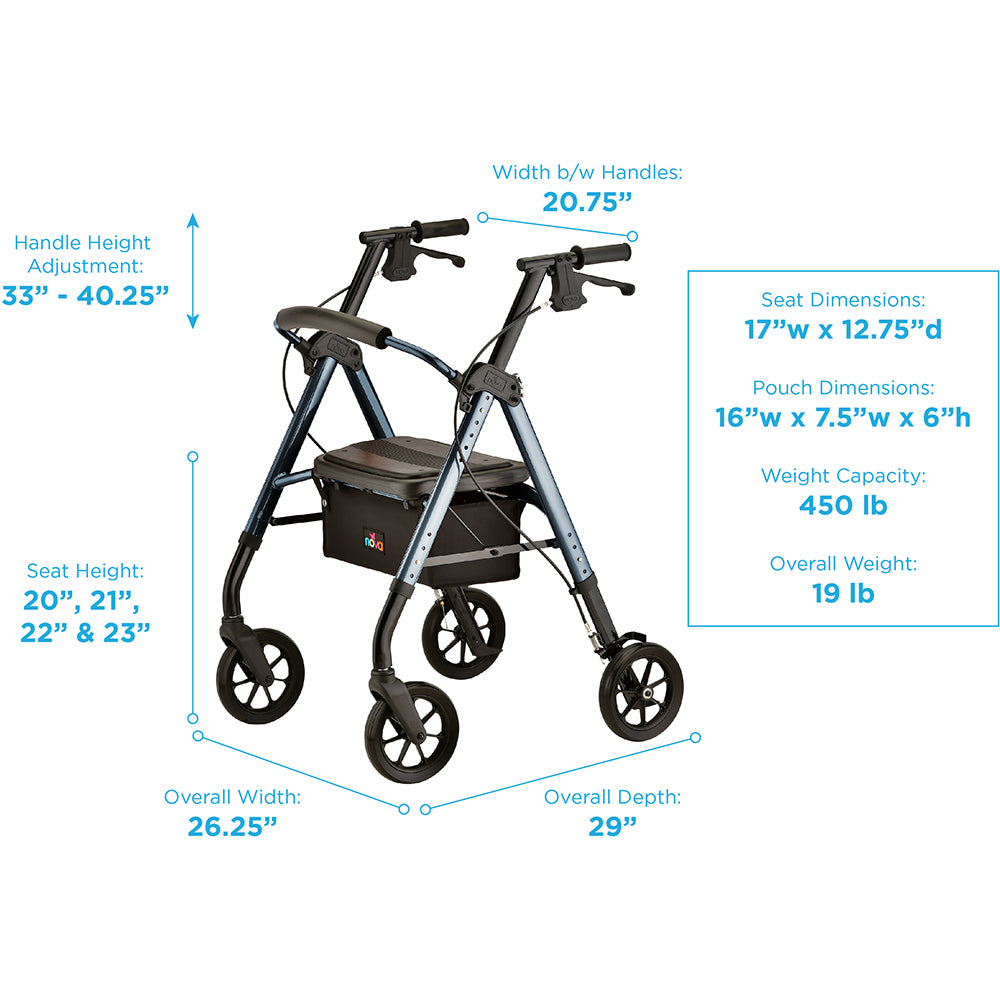 Nova Star 8 Deluxe Seat Heavy Duty Rollator, 450 lb. Weight Capacity