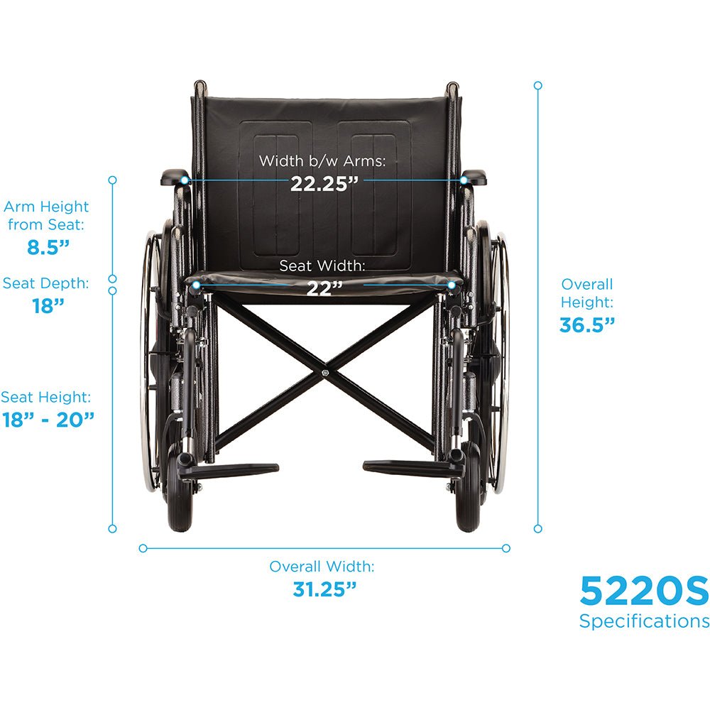 Hammertone Wheelchair - 22&quot; Detachable Arms &amp; Swing Away Footrest - American Homecare Direct