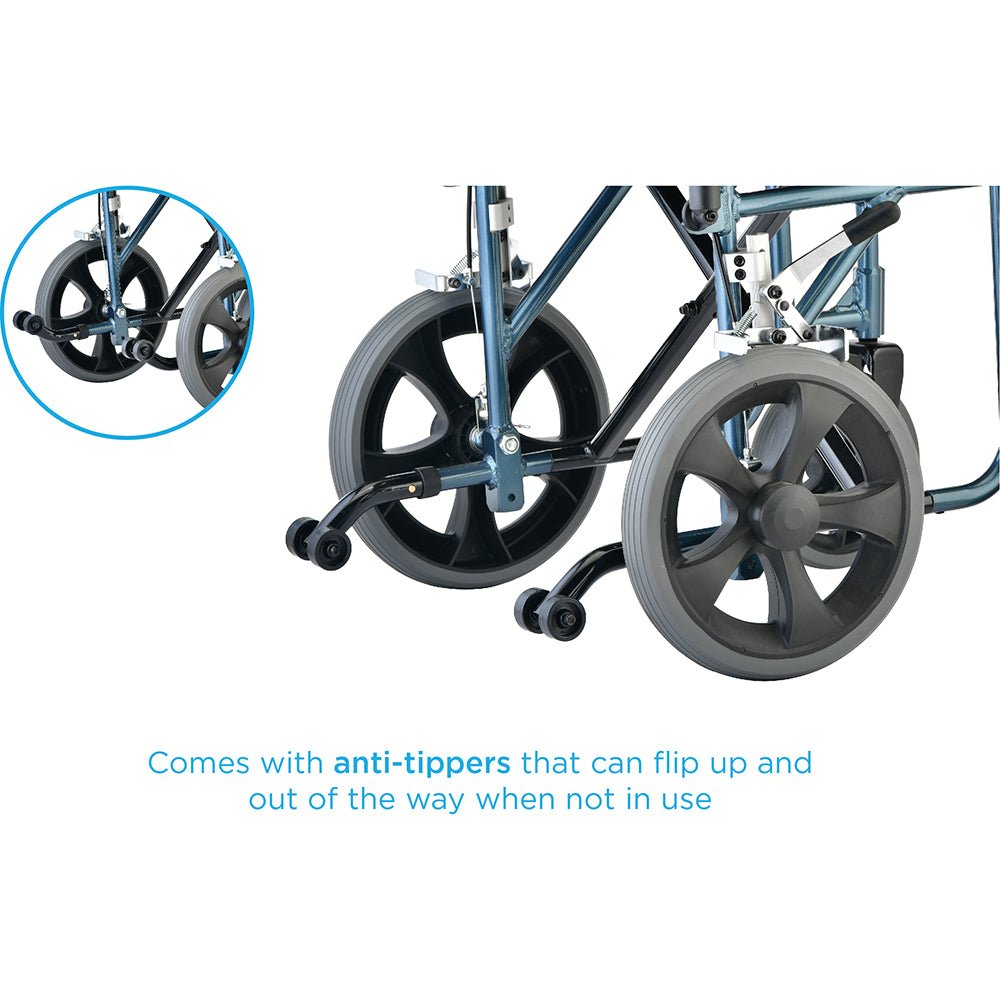 Nova Lightweight Transport Chair with Locking Hand Brakes, 12&quot; Rear Wheels, Removable &amp; Flip Up Arms for Easy Transfer, Anti - Tippers Included - American Homecare Direct