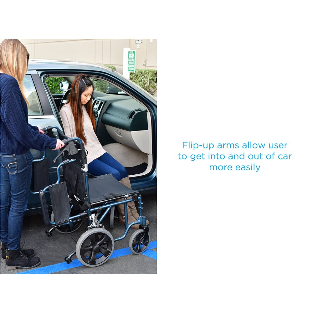 Nova Lightweight Transport Chair with Locking Hand Brakes, 12&quot; Rear Wheels, Removable &amp; Flip Up Arms for Easy Transfer, Anti - Tippers Included - American Homecare Direct